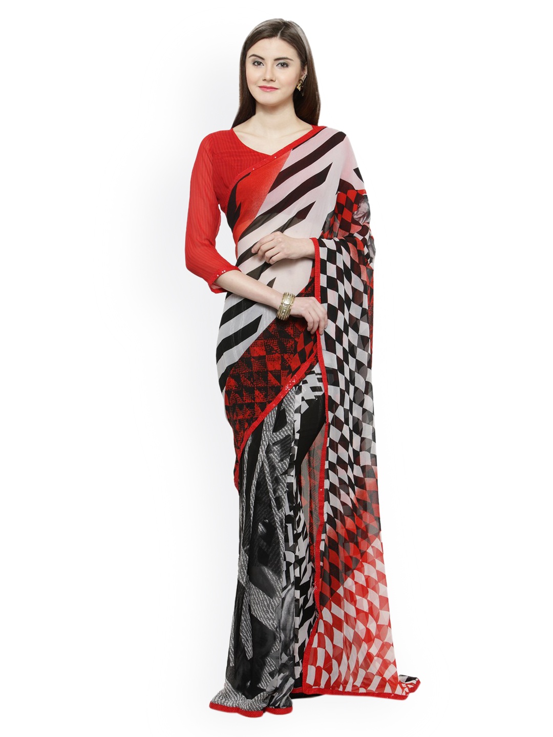 

Shaily Red & Black Printed Georgette Saree