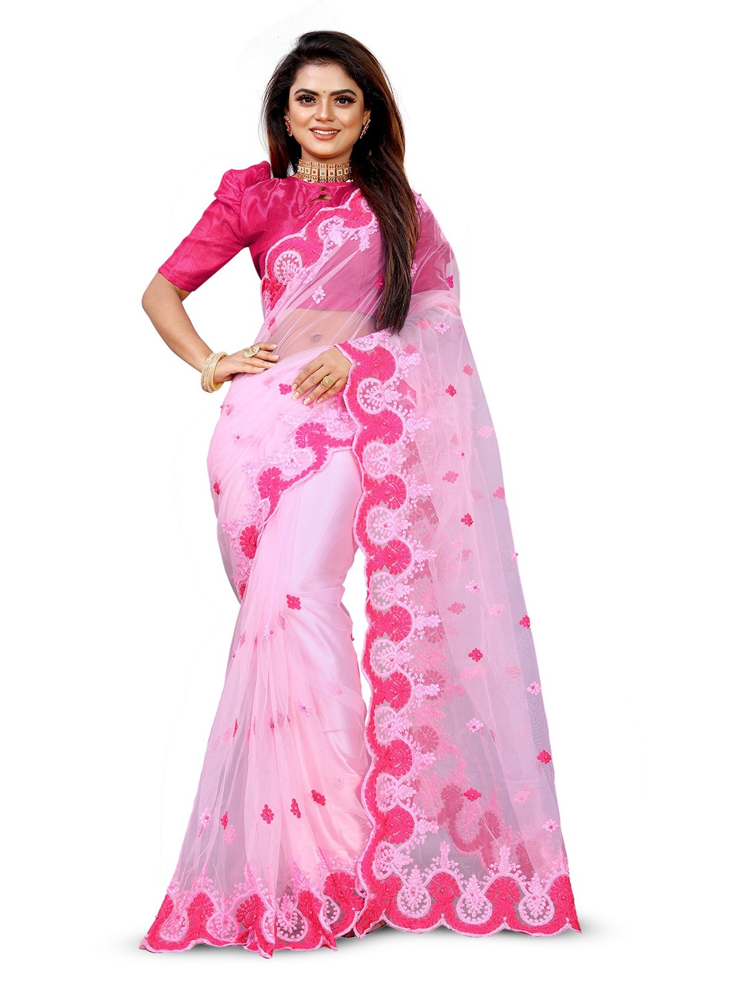 

BARKIYA CREATION Pink Floral Beads and Stones Net Saree