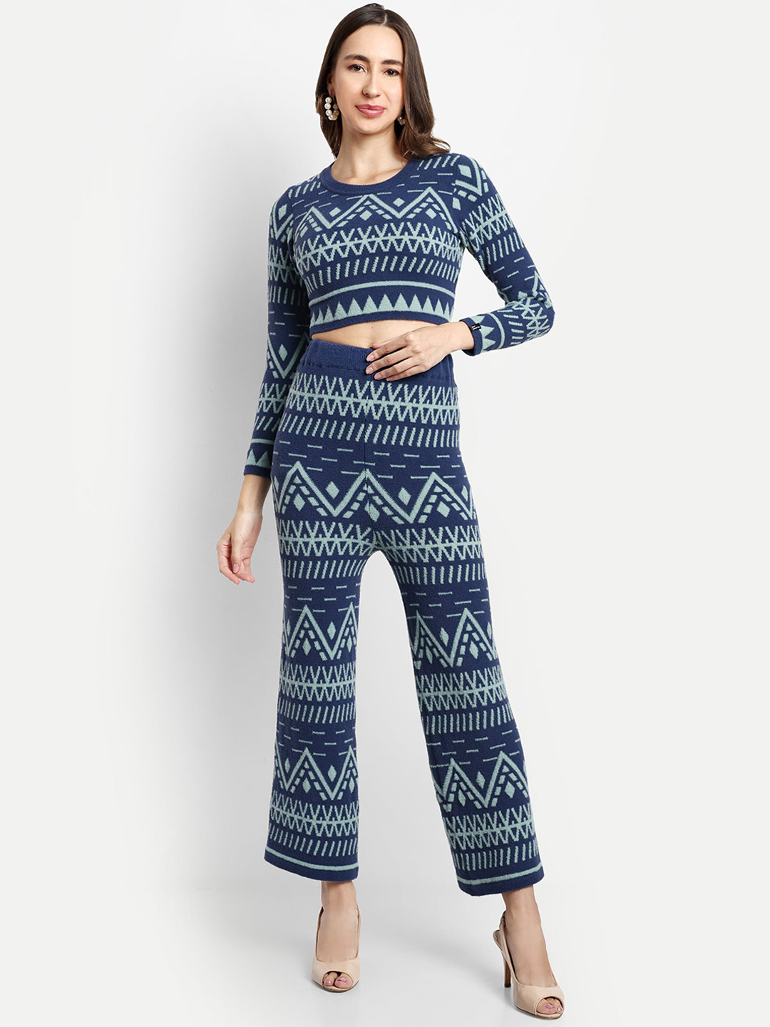 

CREATIVE LINE Self Design Round Neck Knitted Sweater With Trouser, Navy blue