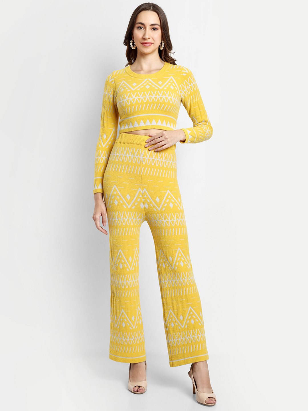 

CREATIVE LINE Self Design Round Neck Knitted Sweater With Trouser, Yellow