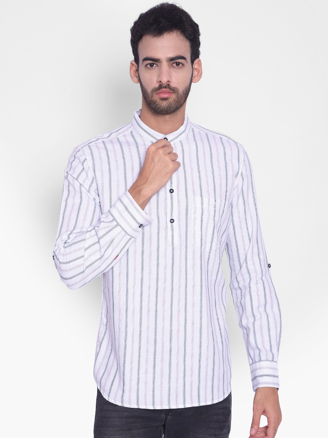 

Crimsoune Club Striped Mandarin Collar Pure Cotton A-Line Short Kurta, White