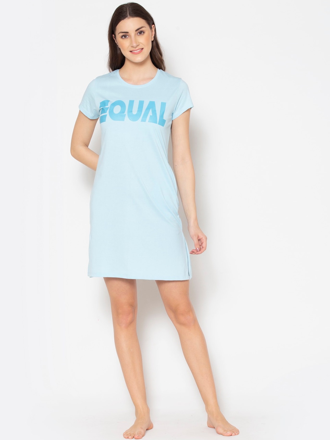 

TITTLI Typography Printed T-shirt Nightdress, Blue