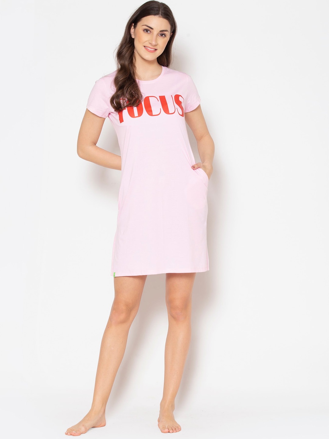 

TITTLI Typography Printed T-Shirt Nightdress, Pink