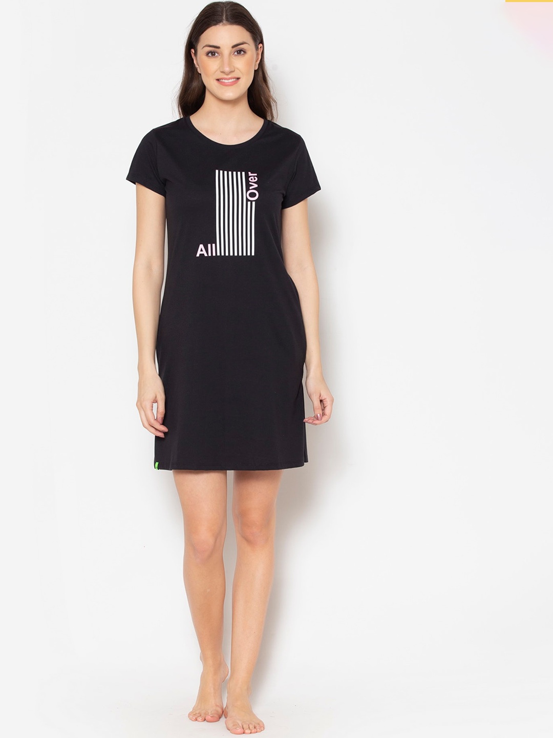 

TITTLI Typography Printed Round Neck Nightdress, Black