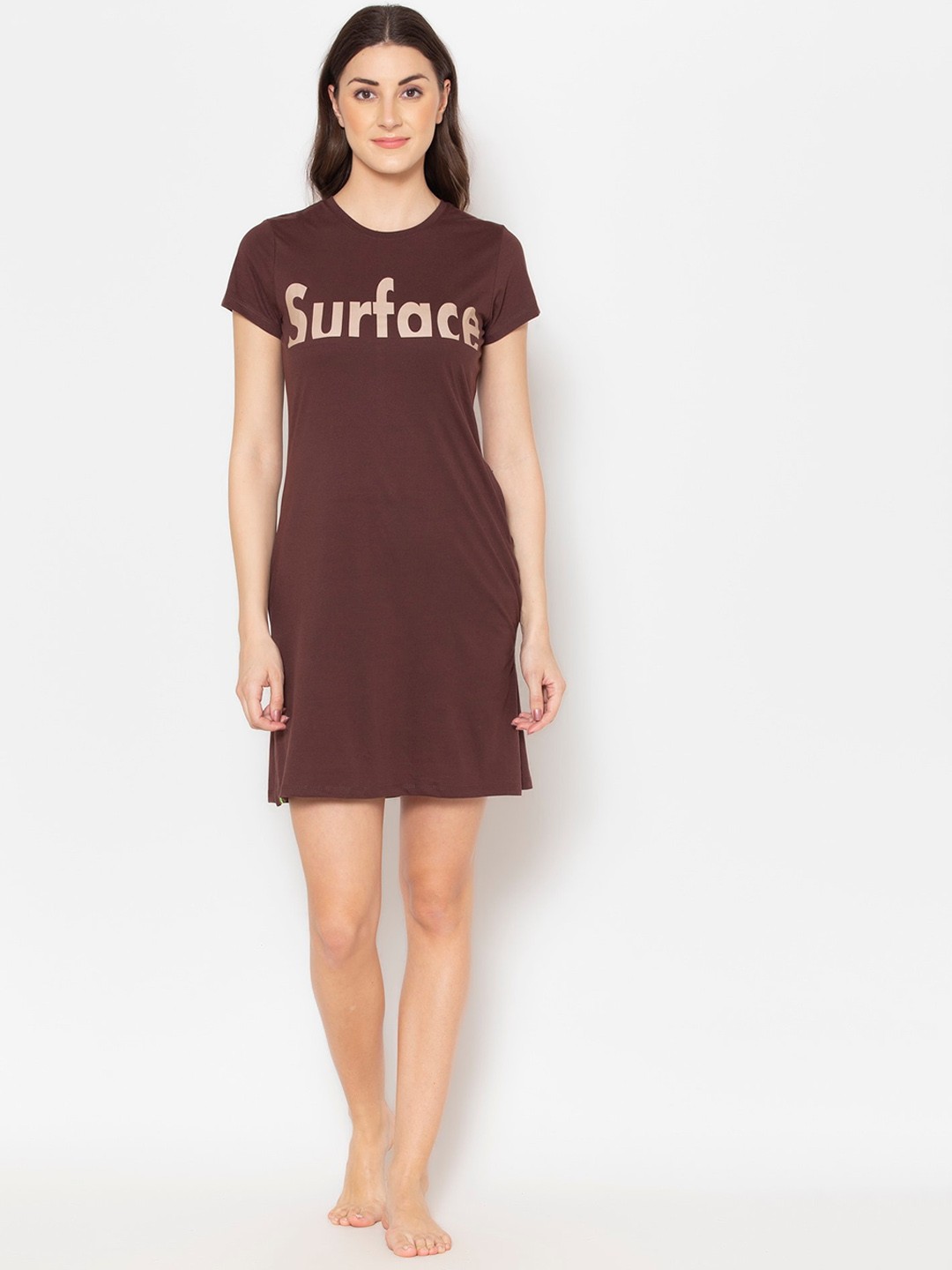 

TITTLI Typography Printed T-shirt Nightdress, Brown