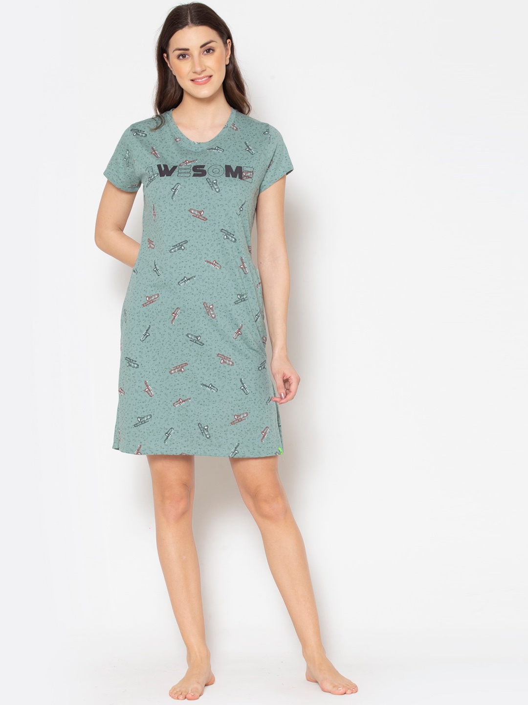 

TITTLI Typography Printed Round Neck Nightdress, Olive