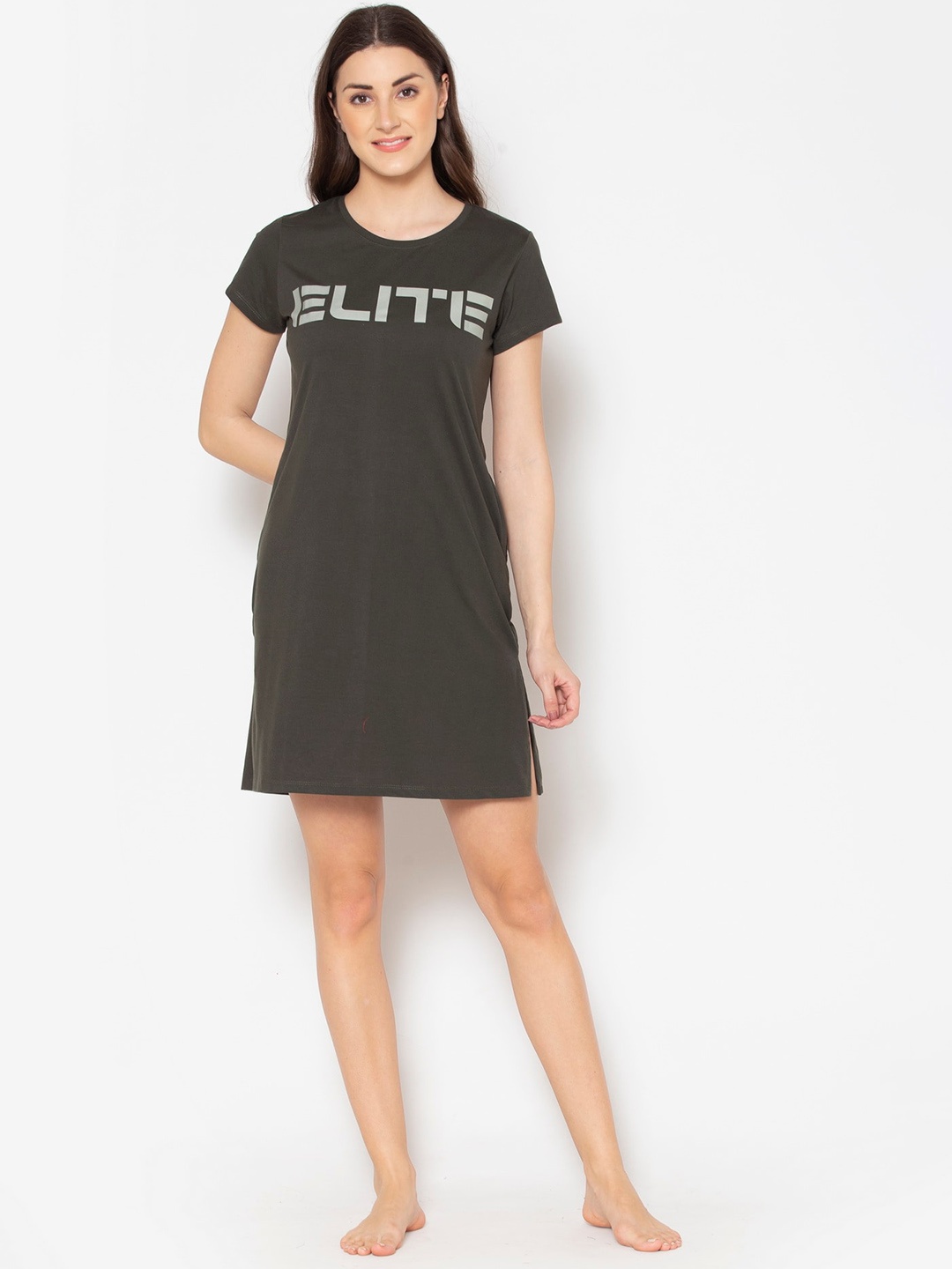 

TITTLI Typography Printed T-shirt Nightdress, Green