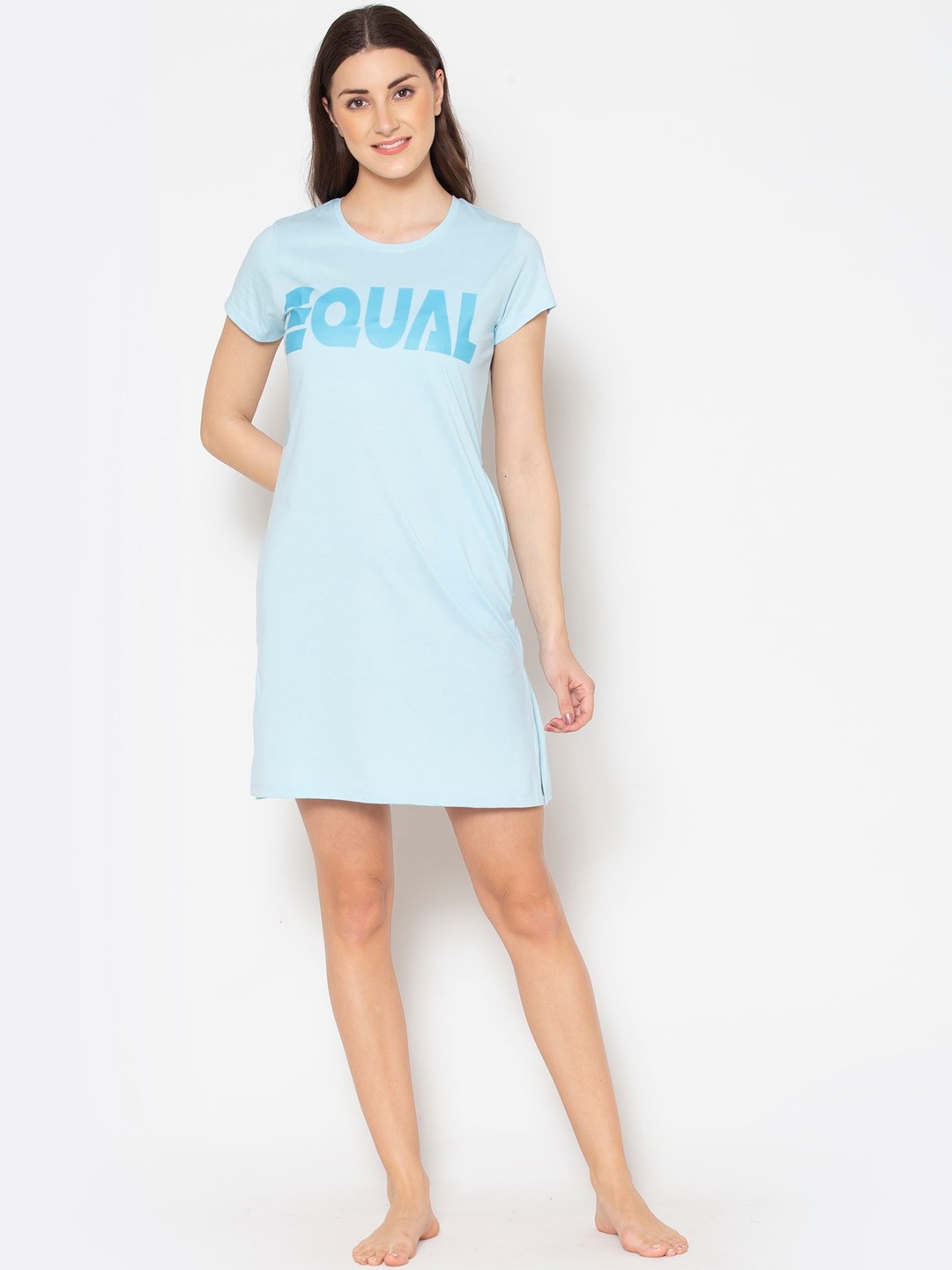 

TITTLI Typography Printed Round Neck Nightdress, Blue