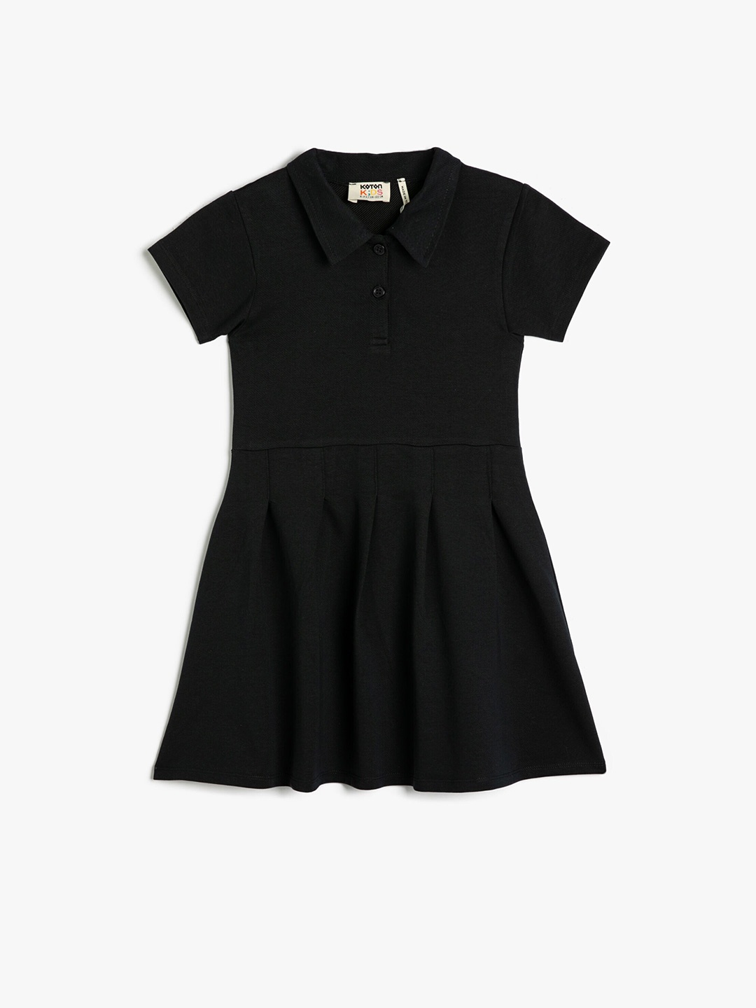 

Koton Girls Shirt Collar Pleated Casual Fit & Flare Dress, Black