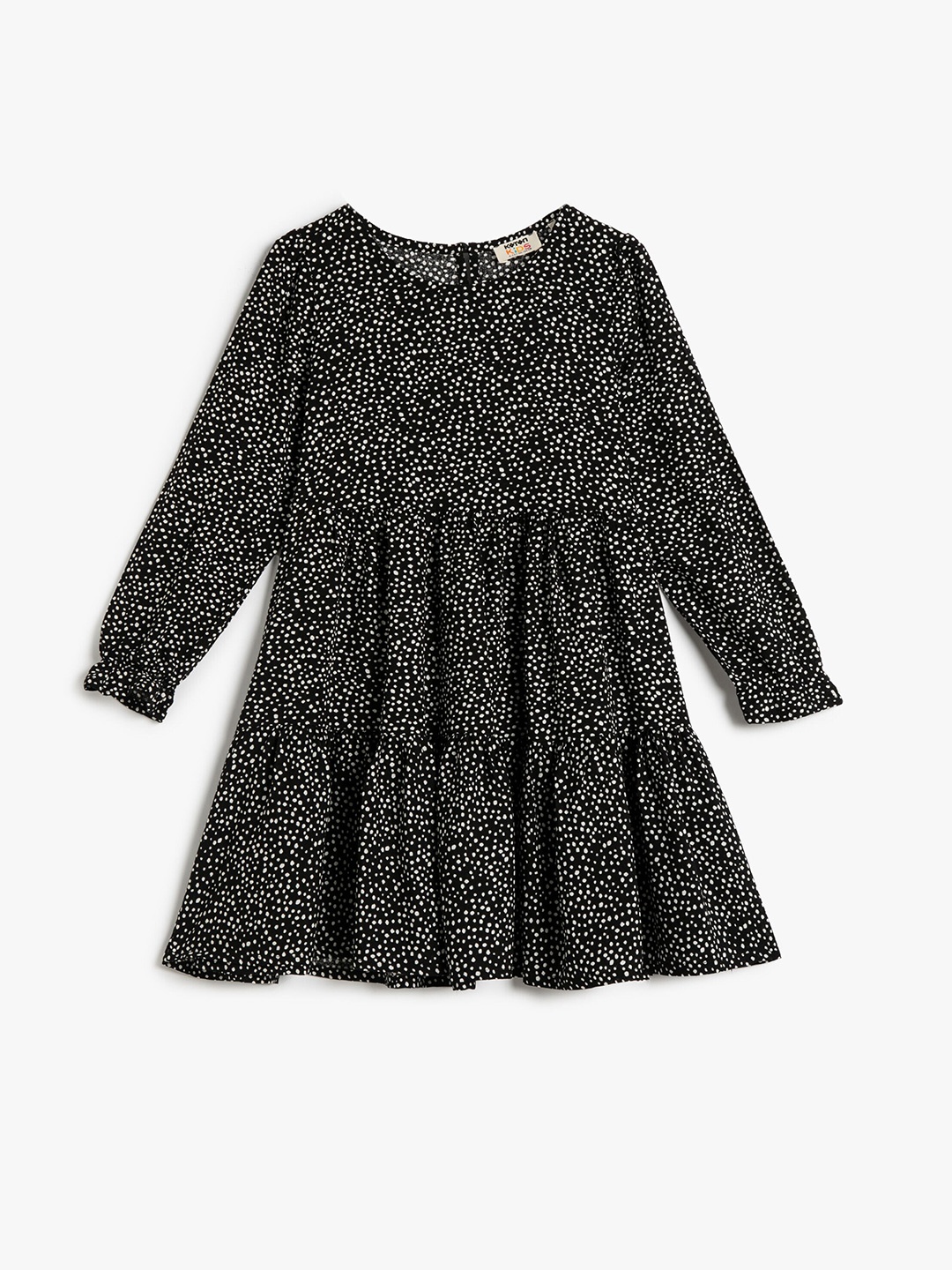 

Koton Girls Polka Dot Printed Round Neck Puff Sleeves Gathered A-Line Dress, Black