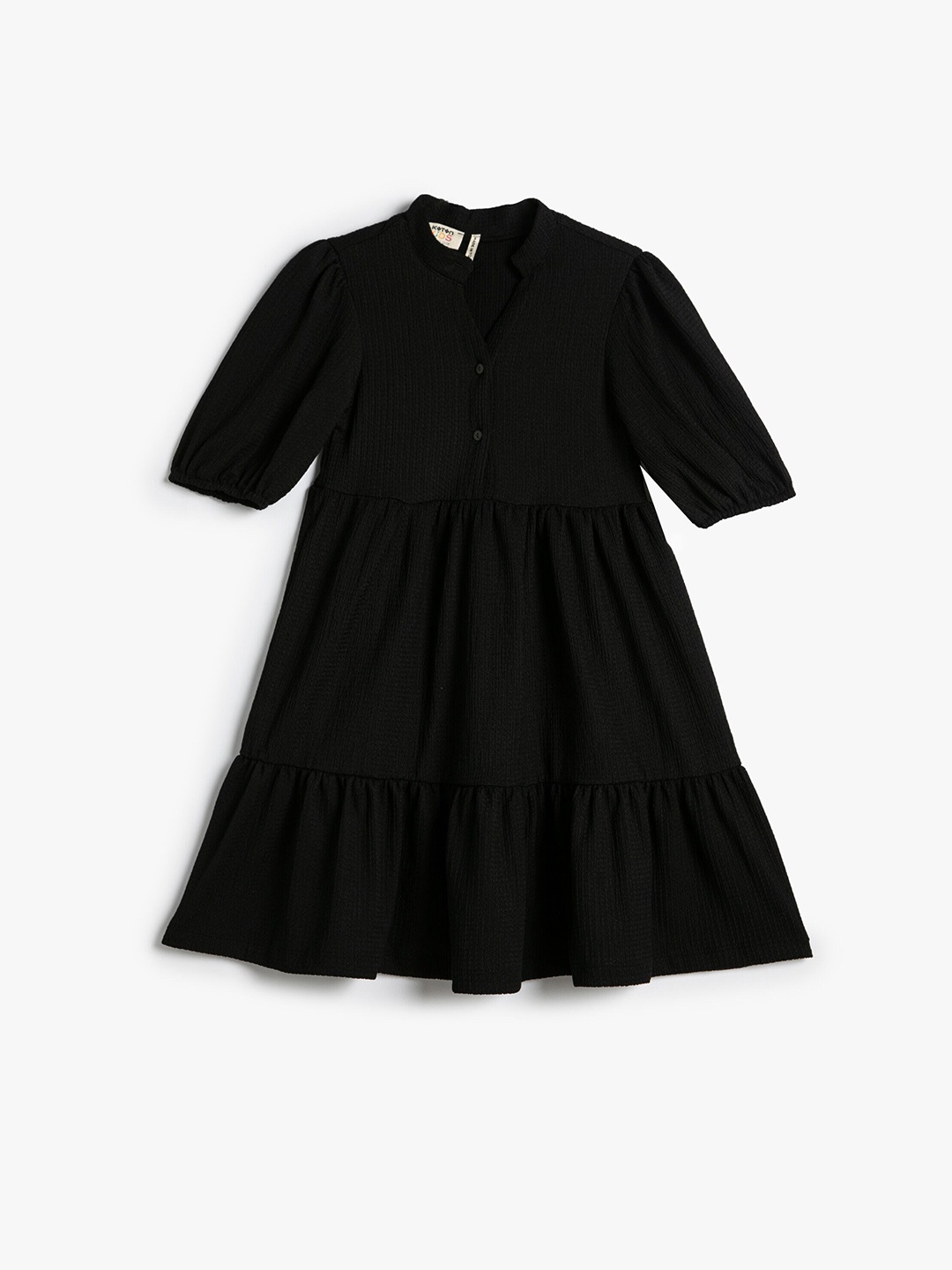 

Koton Girls Self Design Mandarin Collar Puff Sleeve Gathered Fit & Flare Dress, Black