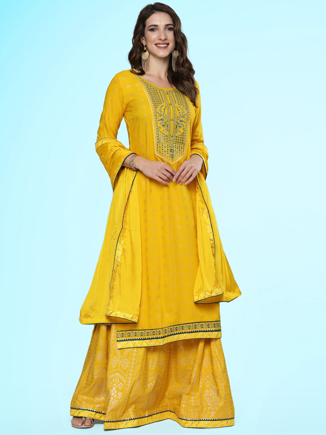 

Sangria Yellow Ethnic Motifs Printed Thread Work Foil Straight Kurta With Skirt & Dupatta