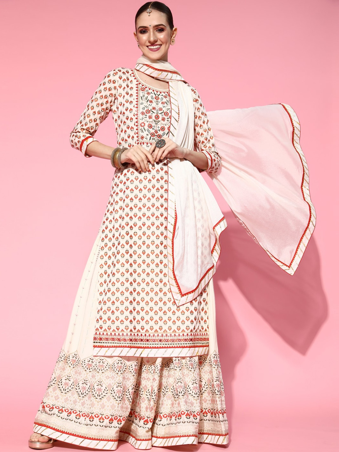 

Sangria Floral Printed Mirror Work Kurta With Skirt & Dupatta, Off white