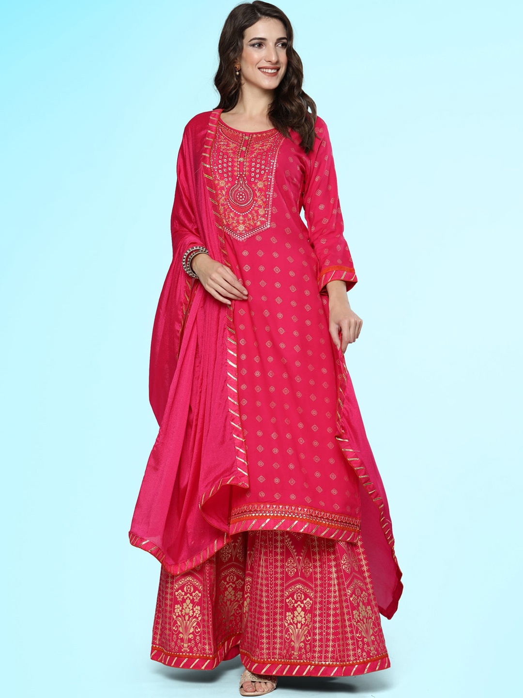 

Sangria Pink Ethnic Motifs Printed Thread Work Foil Straight Kurta With Skirt & Dupatta