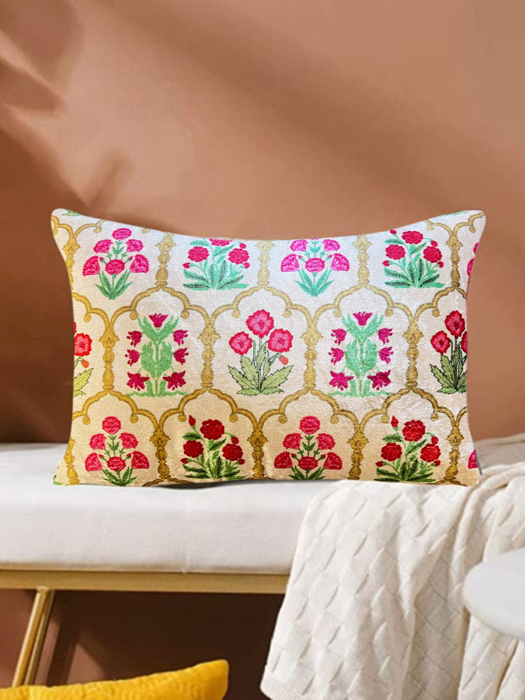 

Tasseled Home Cream-Coloured & Green Floral Rectangle Cushion Cover