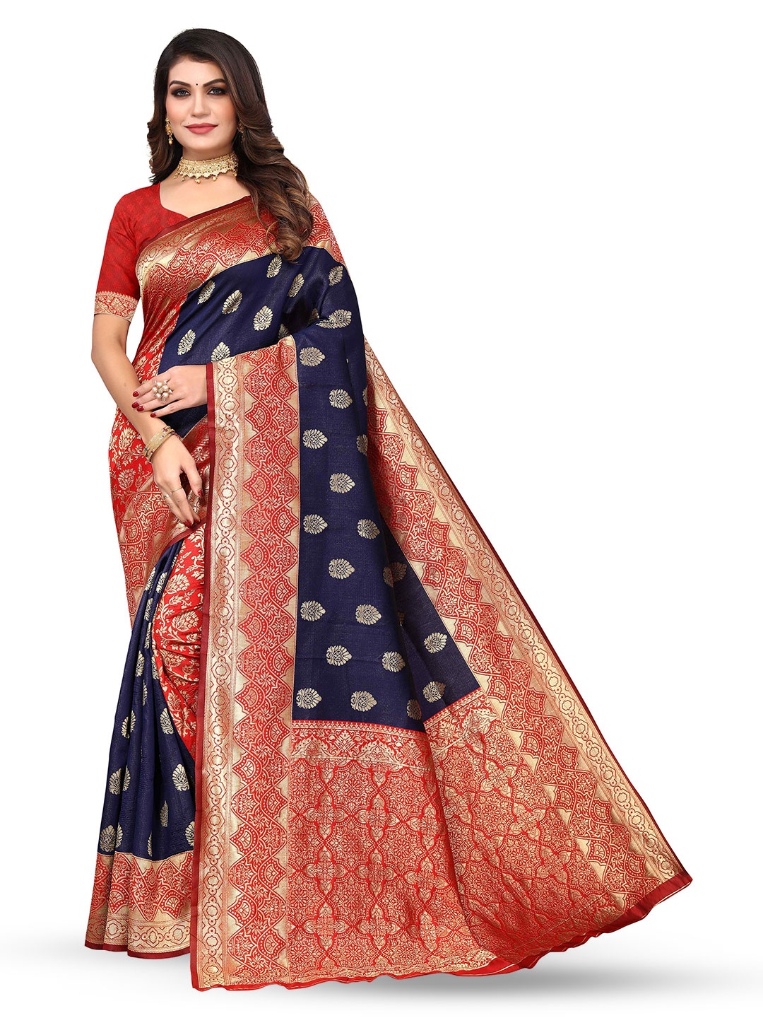 

KALINI Ethnic Motifs Woven Design Zari Silk Blend Kanjeevaram Saree, Blue