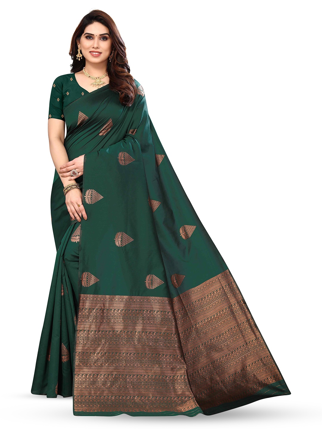 

KALINI Ethnic Motifs Woven Design Zari Silk Blend Kanjeevaram Saree, Green