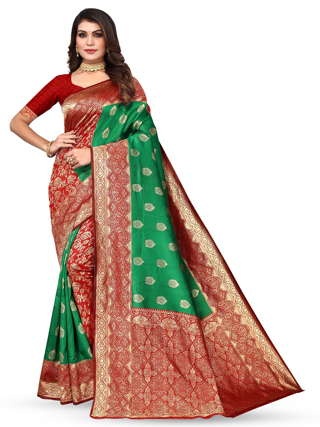 

KALINI Ethnic Motifs Woven Design Zari Kanjeevaram Saree, Green