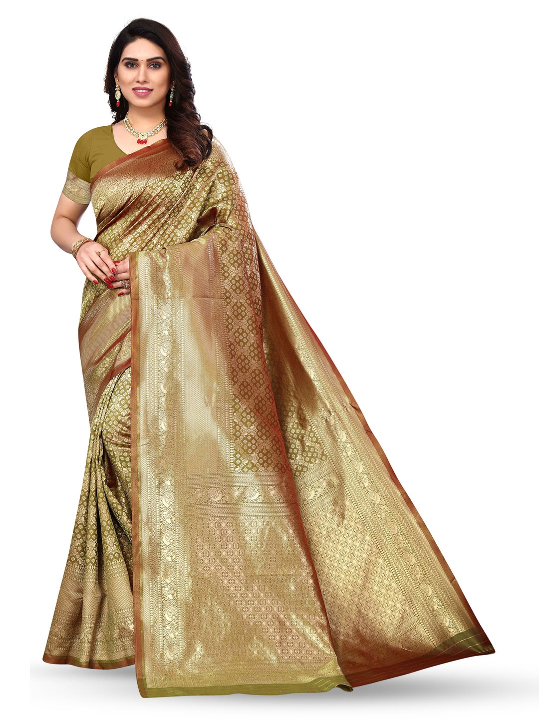 

KALINI Ethnic Motifs Woven Design Zari Silk Blend Kanjeevaram Saree, Green
