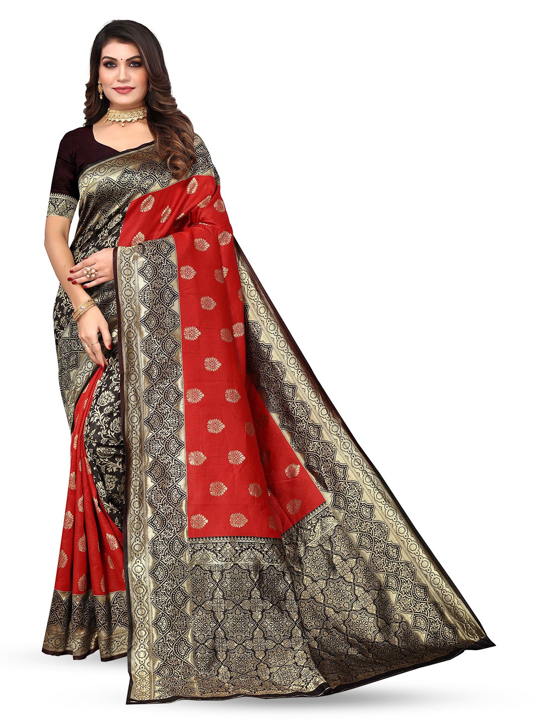 

KALINI Ethnic Motifs Woven Design Zari Silk Blend Kanjeevaram Saree, Red