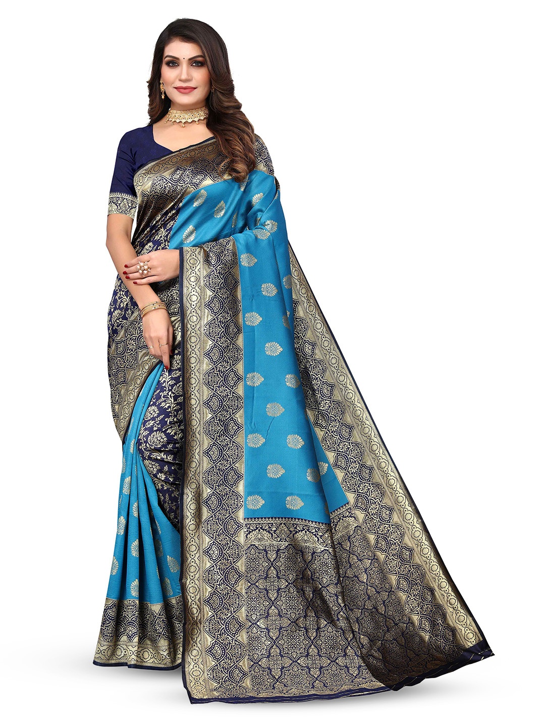 

KALINI Ethnic Motifs Woven Design Zari Kanjeevaram Saree, Blue