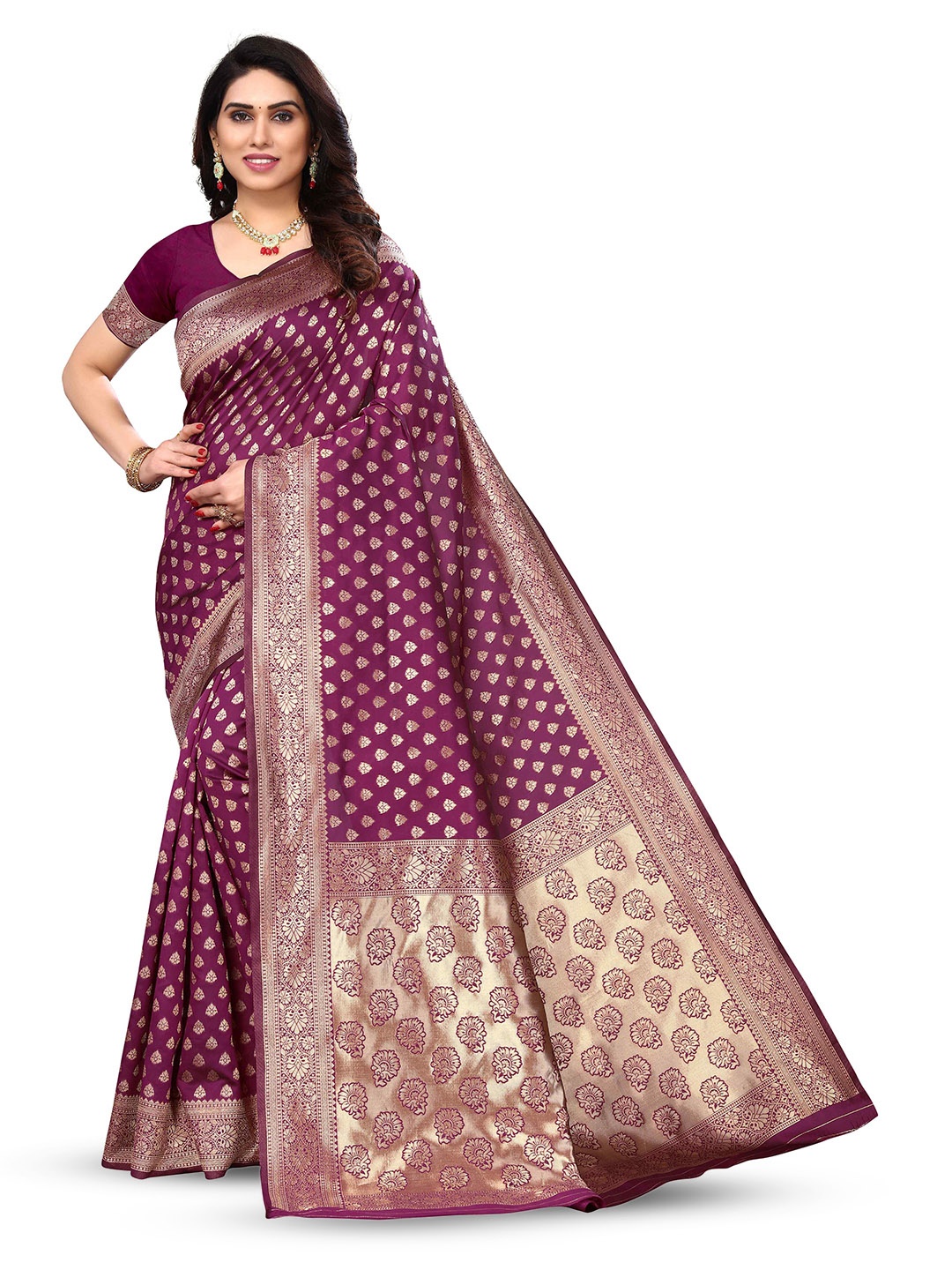 

KALINI Ethnic Motifs Woven Design Zari Silk Blend Kanjeevaram Saree, Purple