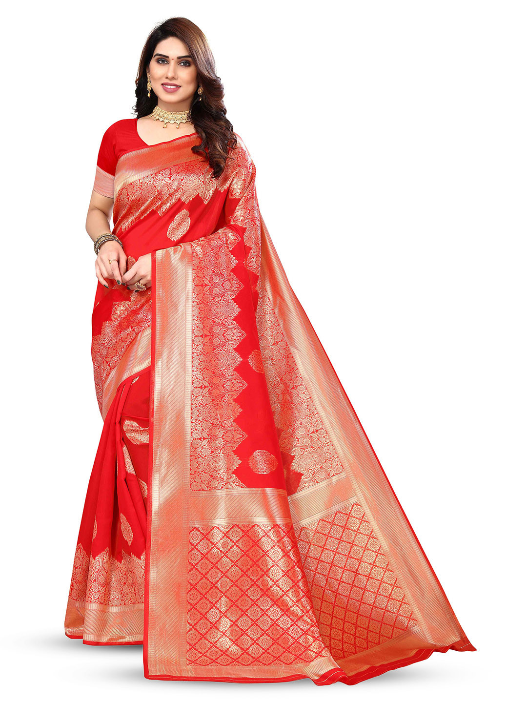 

KALINI Ethnic Motifs Woven Design Zari Kanjeevaram Saree, Red