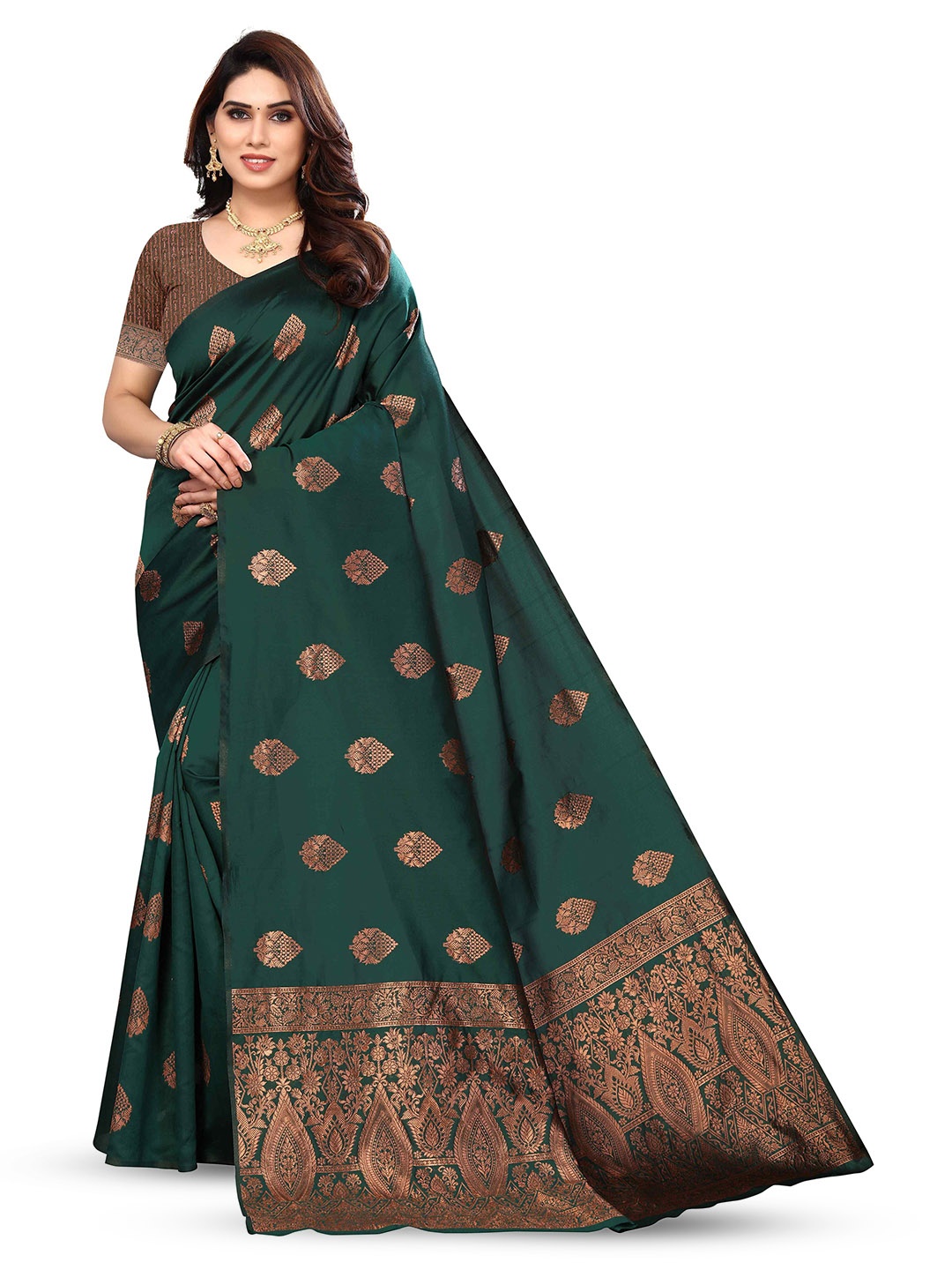 

KALINI Woven Design Zari Kanjeevaram Saree, Green