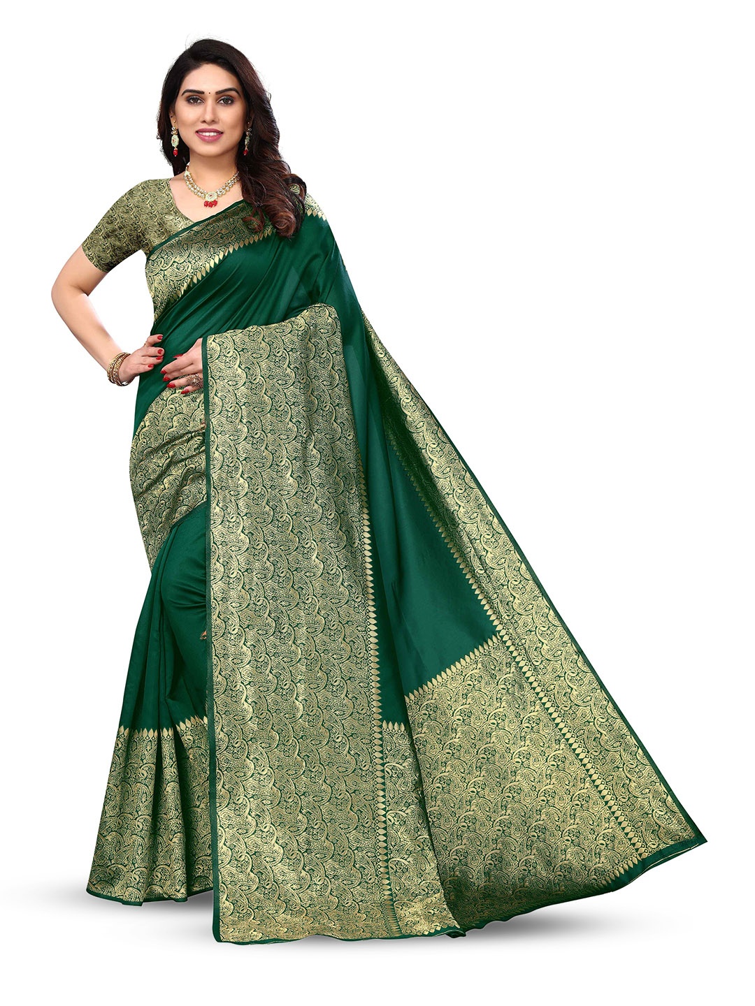 

KALINI Ethnic Motifs Woven Design Zari Silk Blend Kanjeevaram Saree, Green