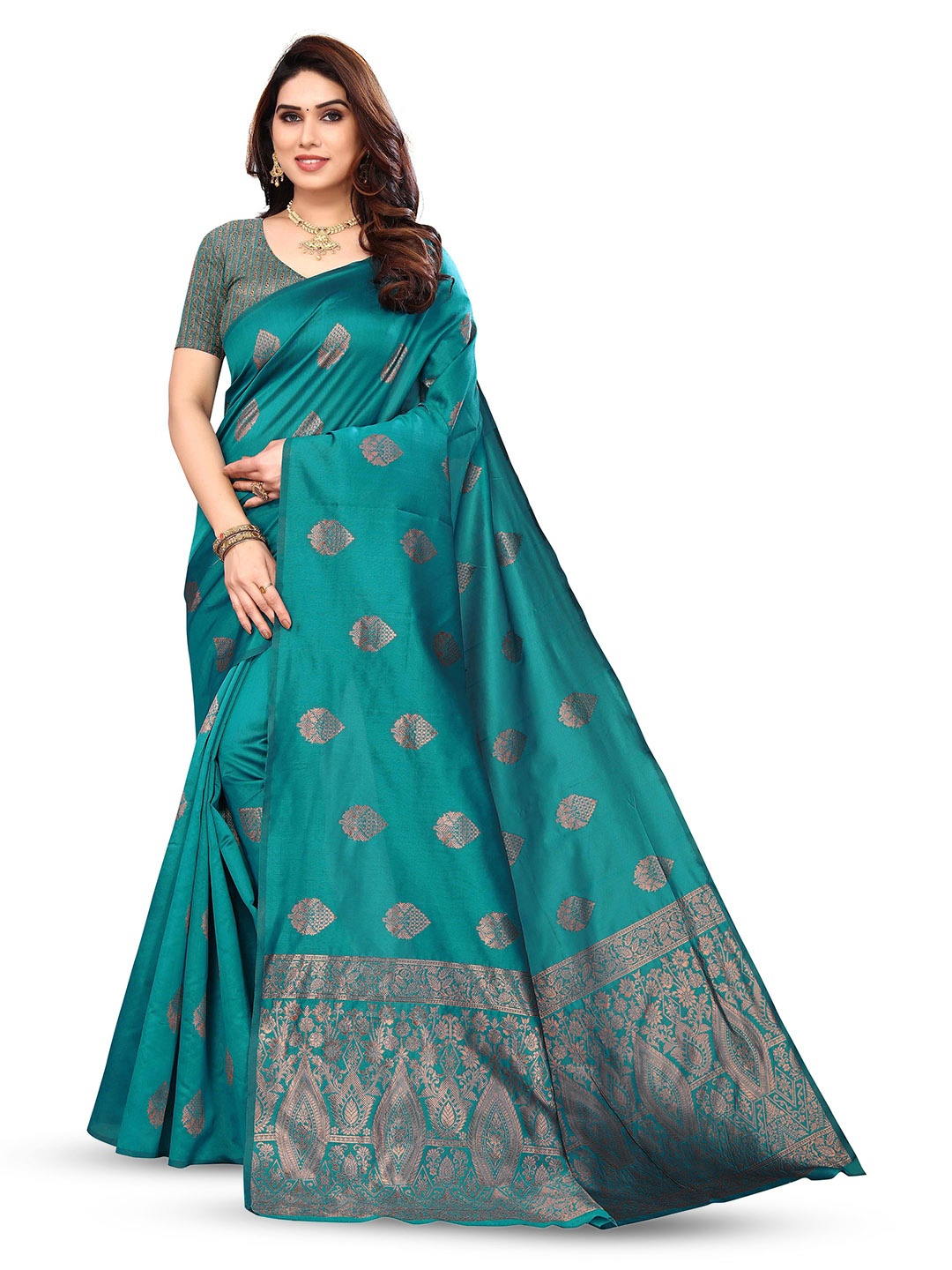 

KALINI Woven Design Zari Silk Blend Kanjeevaram Saree, Green