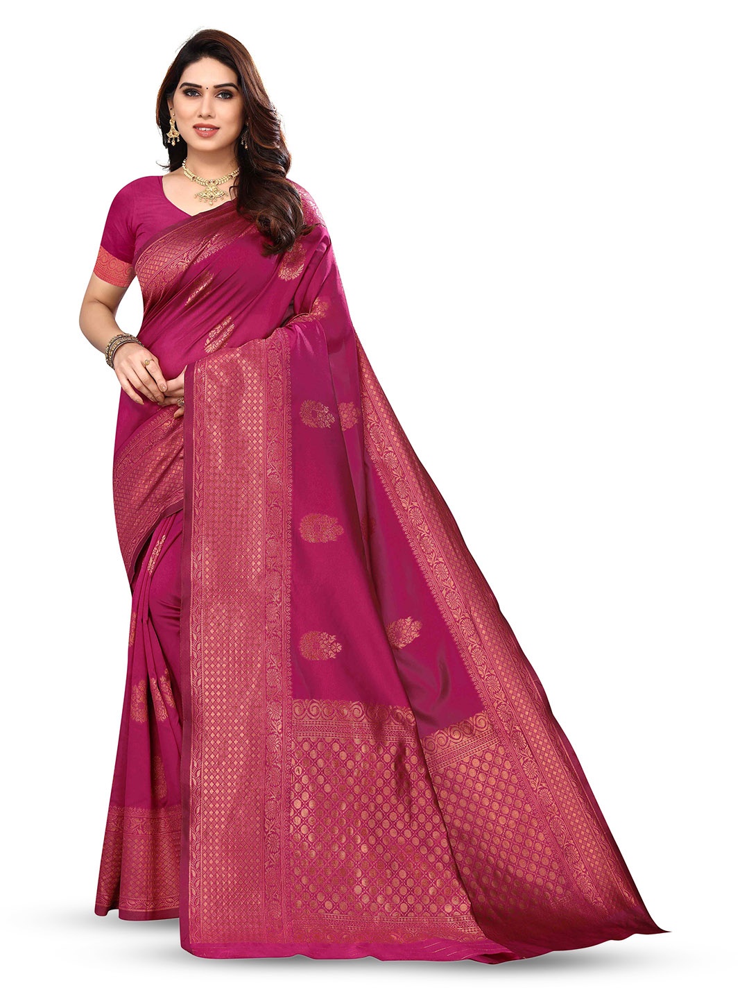 

KALINI Ethnic Motifs Woven Design Zari Silk Blend Kanjeevaram Saree, Pink