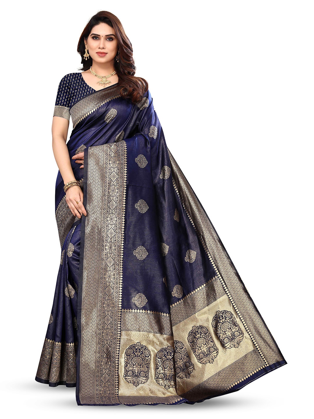 

KALINI Ethnic Motifs Woven Design Zari Silk Blend Kanjeevaram Saree, Blue