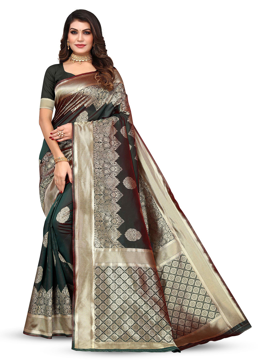 

KALINI Woven Design Zari Kanjeevaram Saree, Green