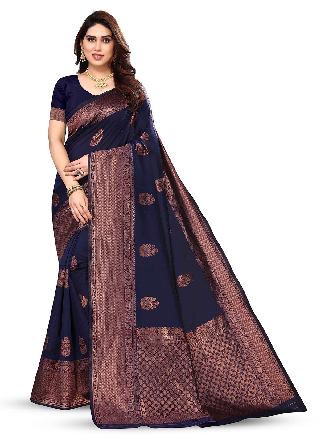 

KALINI Ethnic Motifs Woven Design Zari Kanjeevaram Saree, Black
