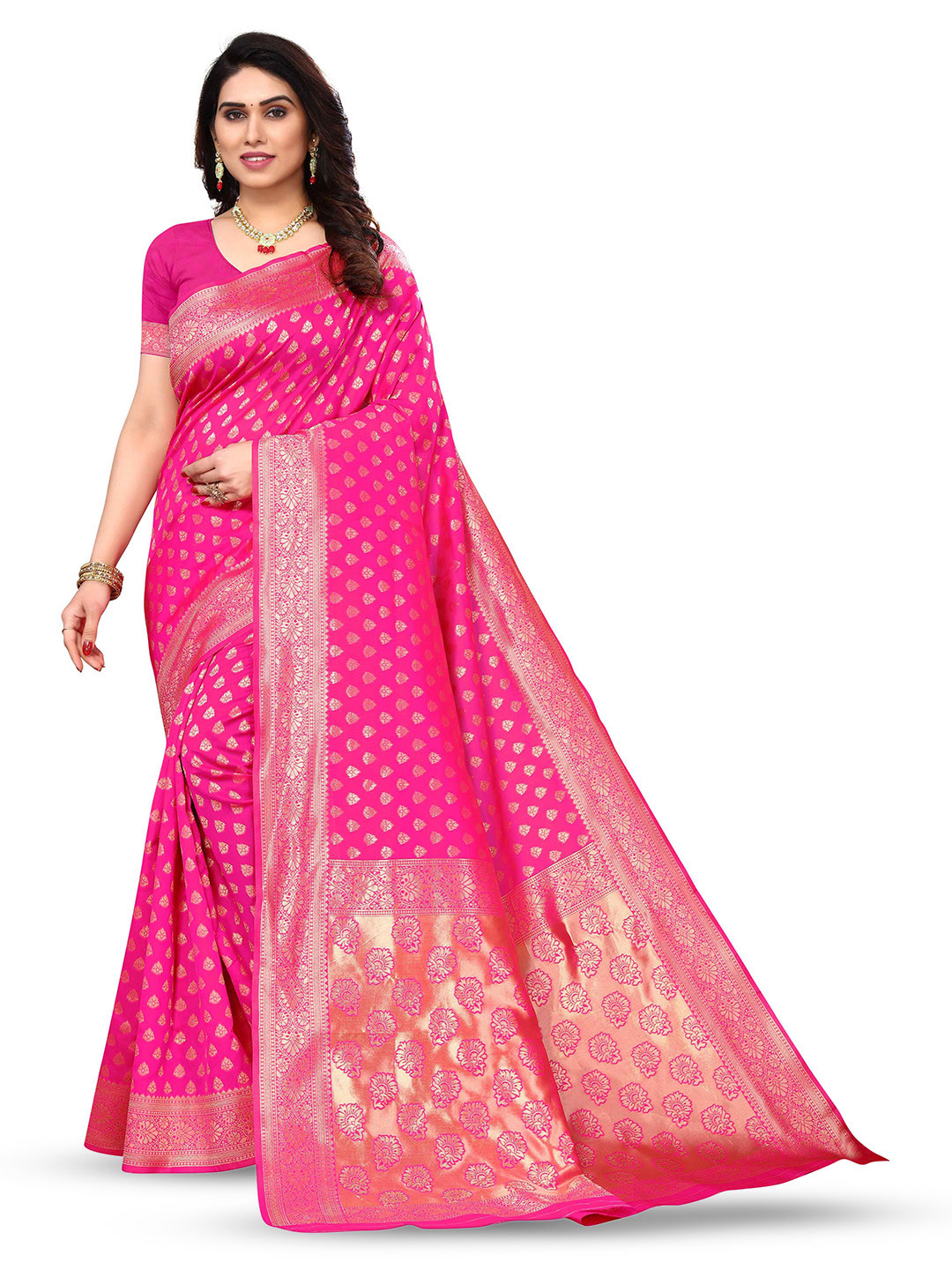 

KALINI Woven Design Zari Silk Blend Kanjeevaram Saree, Pink