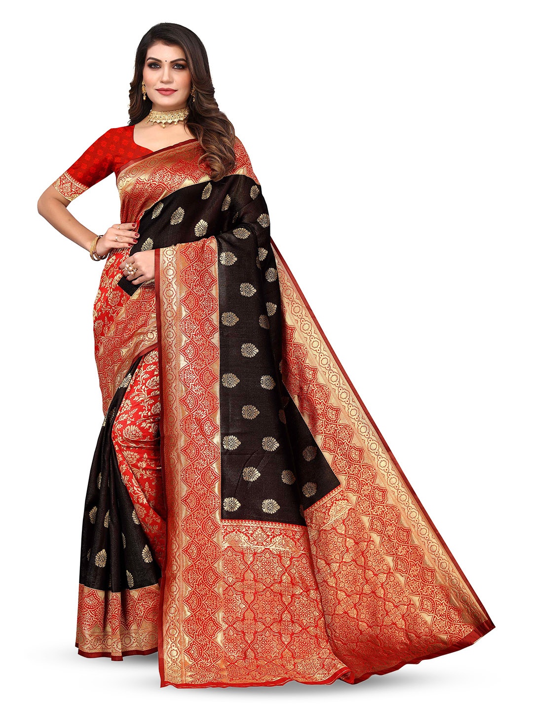 

KALINI Ethnic Motifs Woven Design Zari Jacquard Kanjeevaram Saree, Black