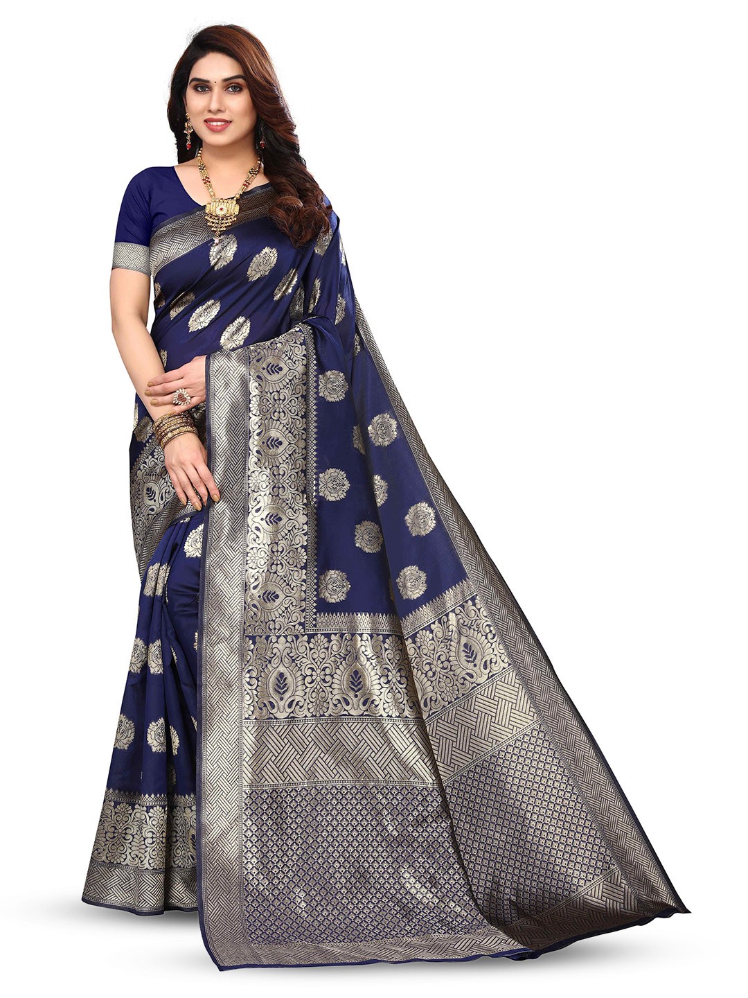 

KALINI Ethnic Motifs Woven Design Zari Jacquard Kanjeevaram Saree, Blue
