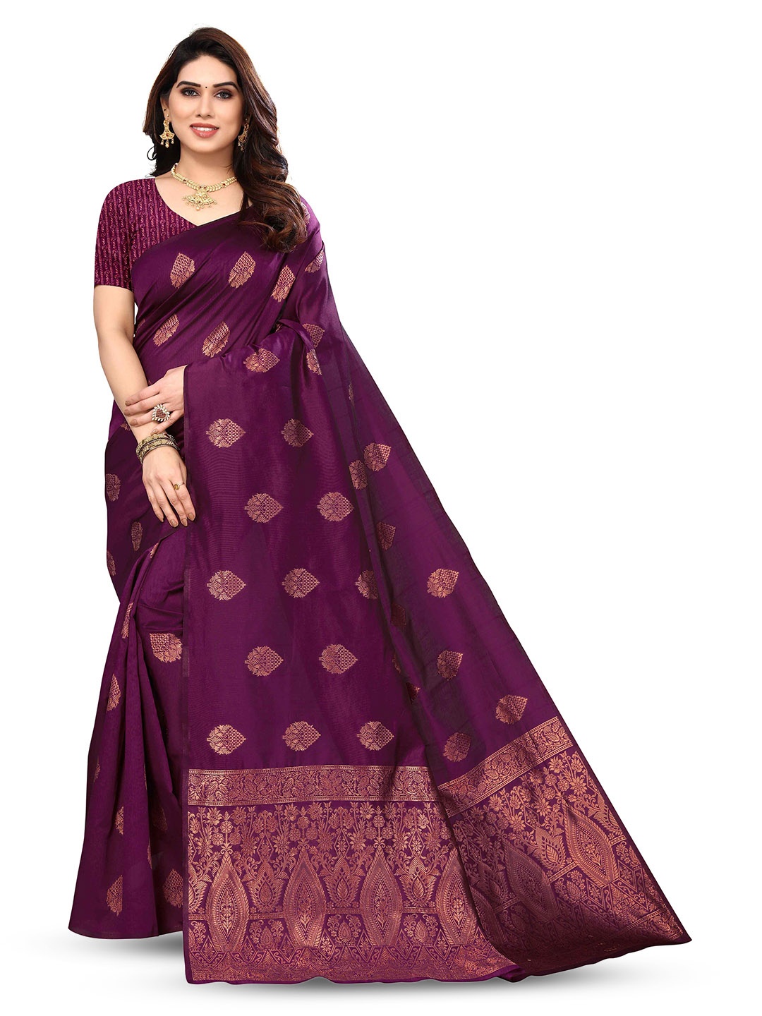 

KALINI Woven Design Zari Silk Blend Kanjeevaram Saree, Purple