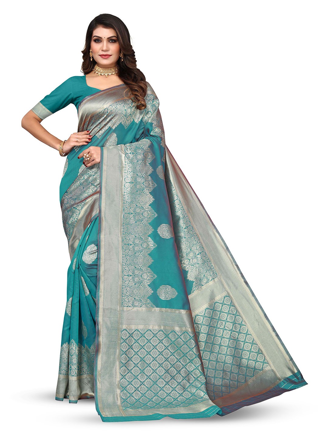 

KALINI Ethnic Motifs Woven Design Zari Jacquard Kanjeevaram Saree, Green