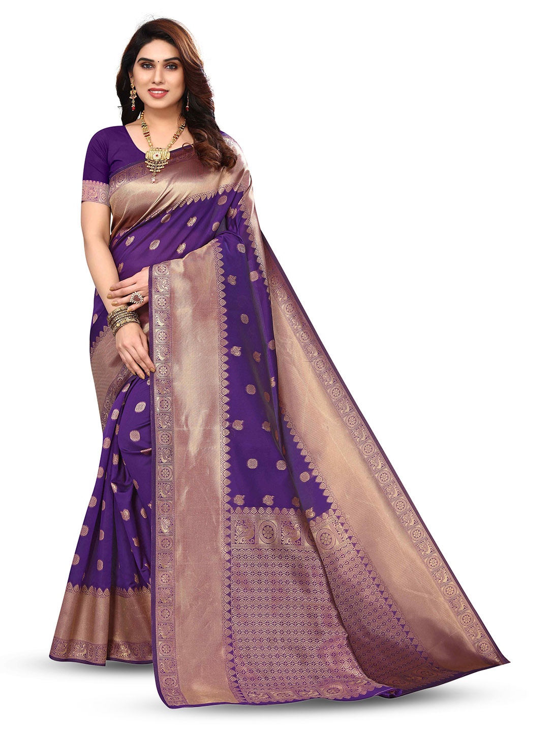 

KALINI Ethnic Motifs Woven Design Zari Silk Blend Kanjeevaram Saree, Purple