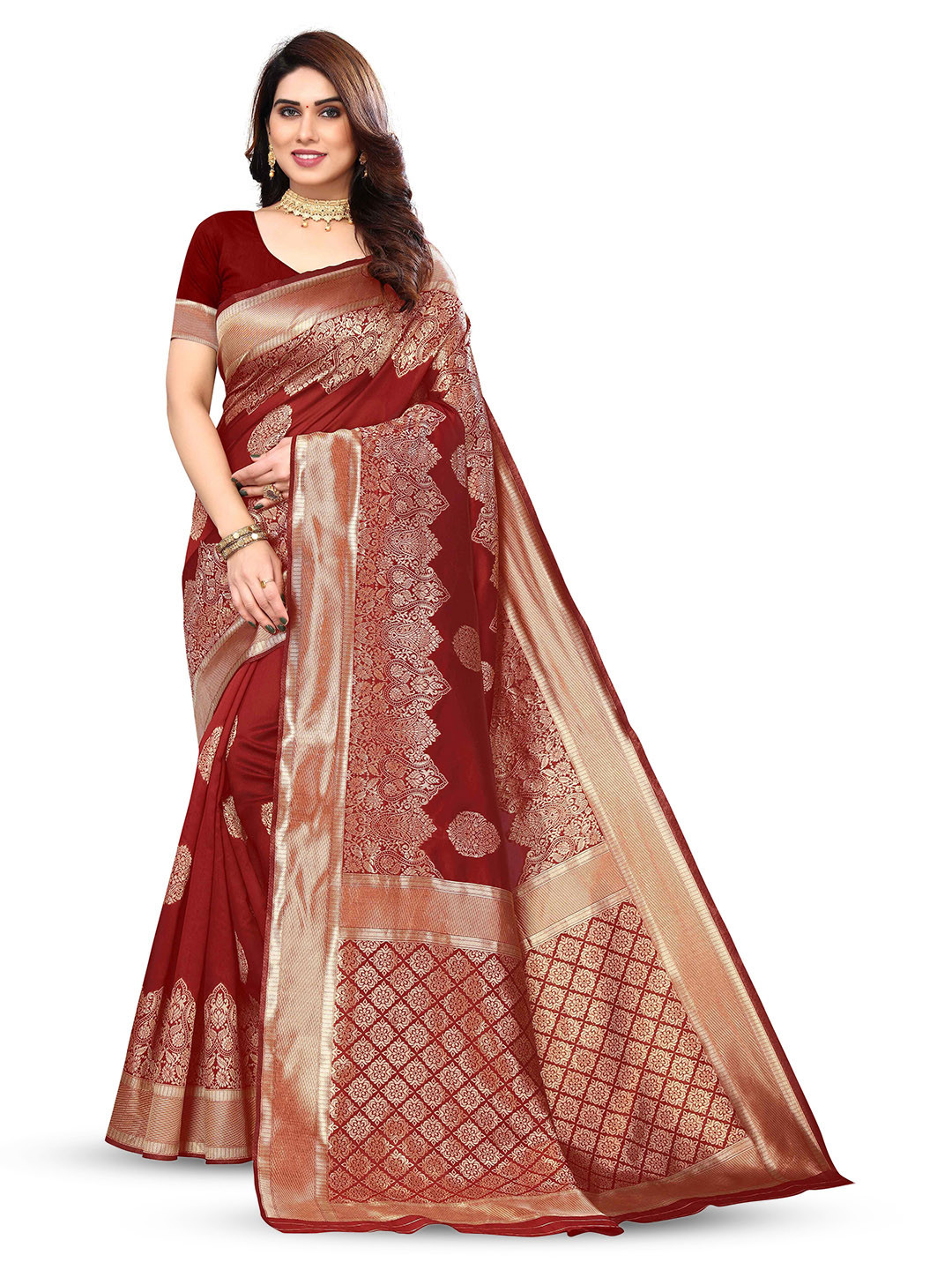 

KALINI Woven Design Zari Silk Blend Kanjeevaram Saree, Red