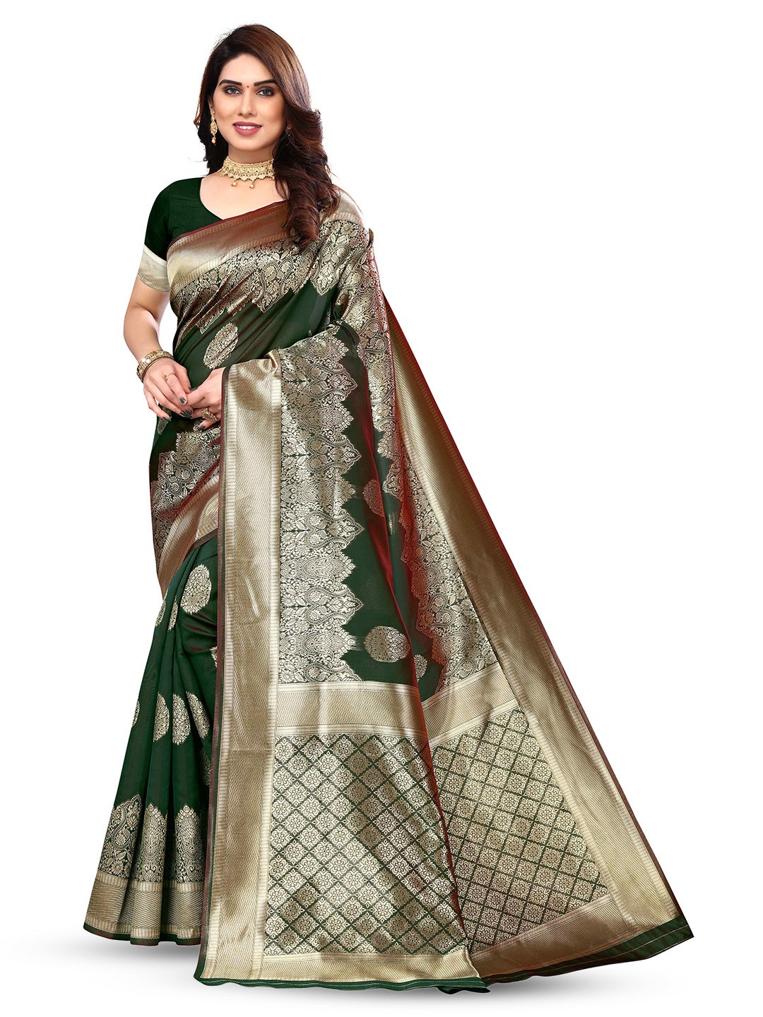 

KALINI Ethnic Motifs Woven Design Zari Silk Blend Kanjeevaram Saree, Green