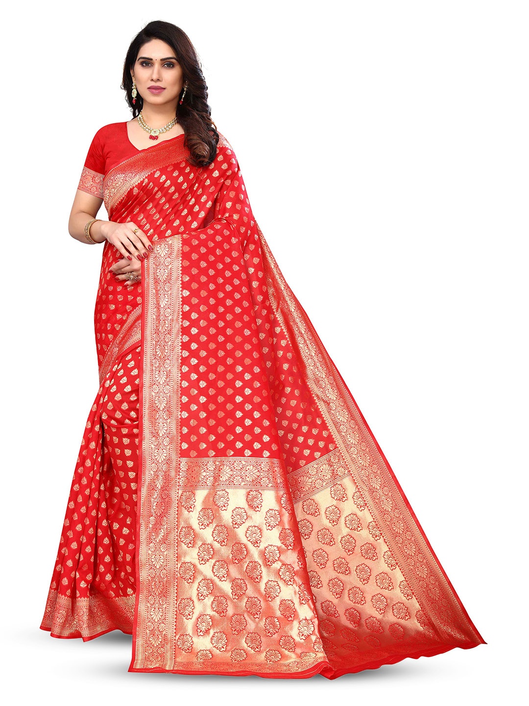 

KALINI Woven Design Zari Silk Blend Kanjeevaram Saree, Red