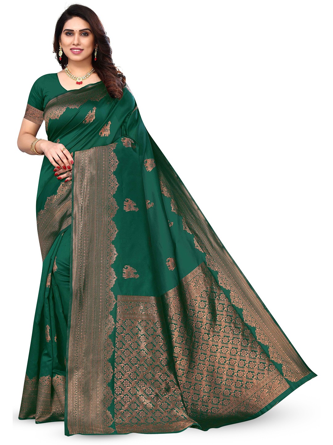 

KALINI Ethnic Motifs Woven Design Zari Kanjeevaram Saree, Green