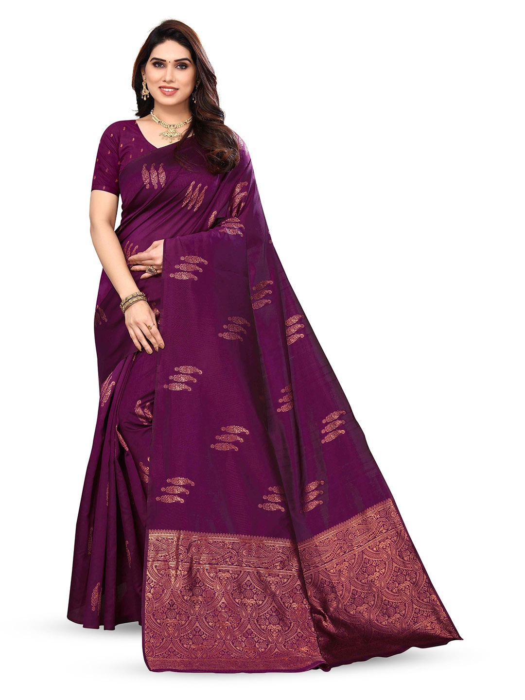 

KALINI Ethnic Motifs Woven Design Zari Silk Blend Kanjeevaram Saree, Purple