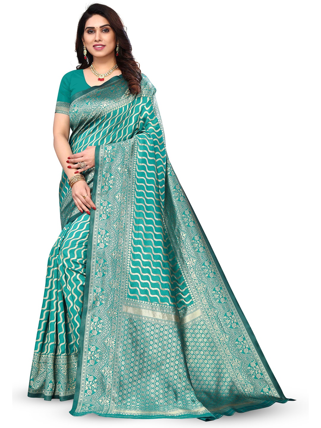 

KALINI Ethnic Motifs Woven Design Zari Silk Blend Kanjeevaram Saree, Green