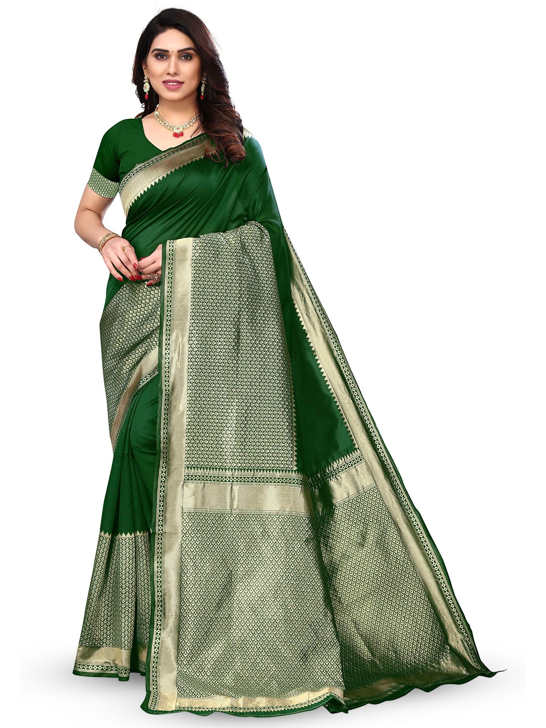 

KALINI Woven Design Zari Silk Blend Kanjeevaram Saree, Green