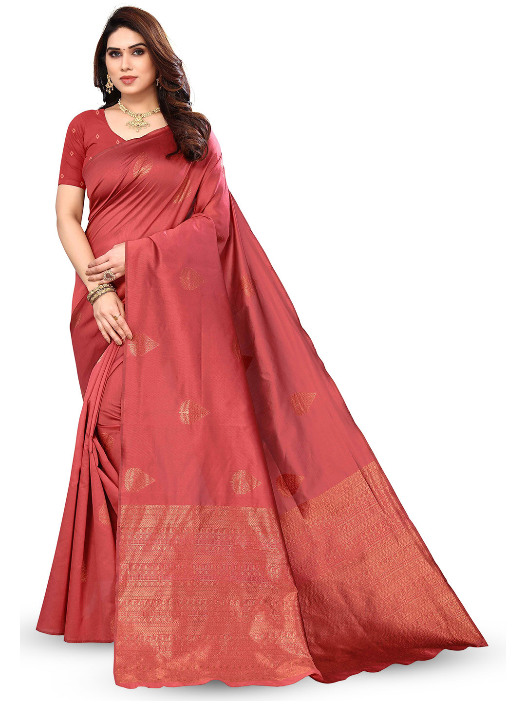 

KALINI Ethnic Motifs Woven Design Zari Kanjeevaram Saree, Red