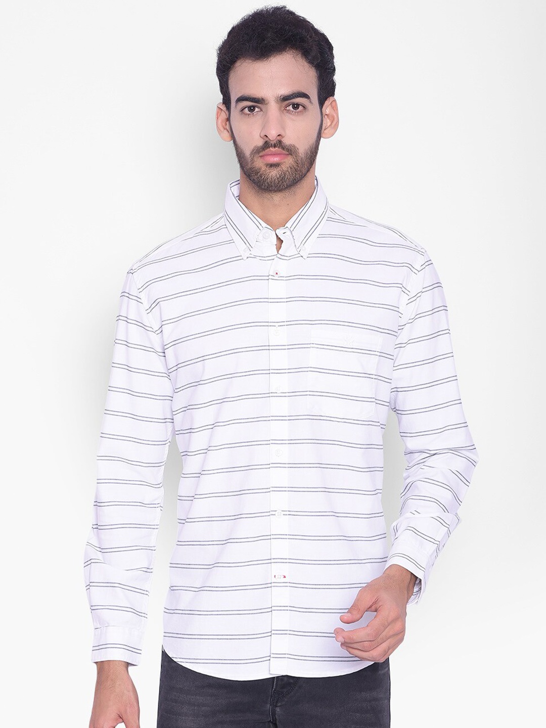

Crimsoune Club Slim Fit Horizontal Stripes Button-Down Collar Pure Cotton Casual Shirt, White
