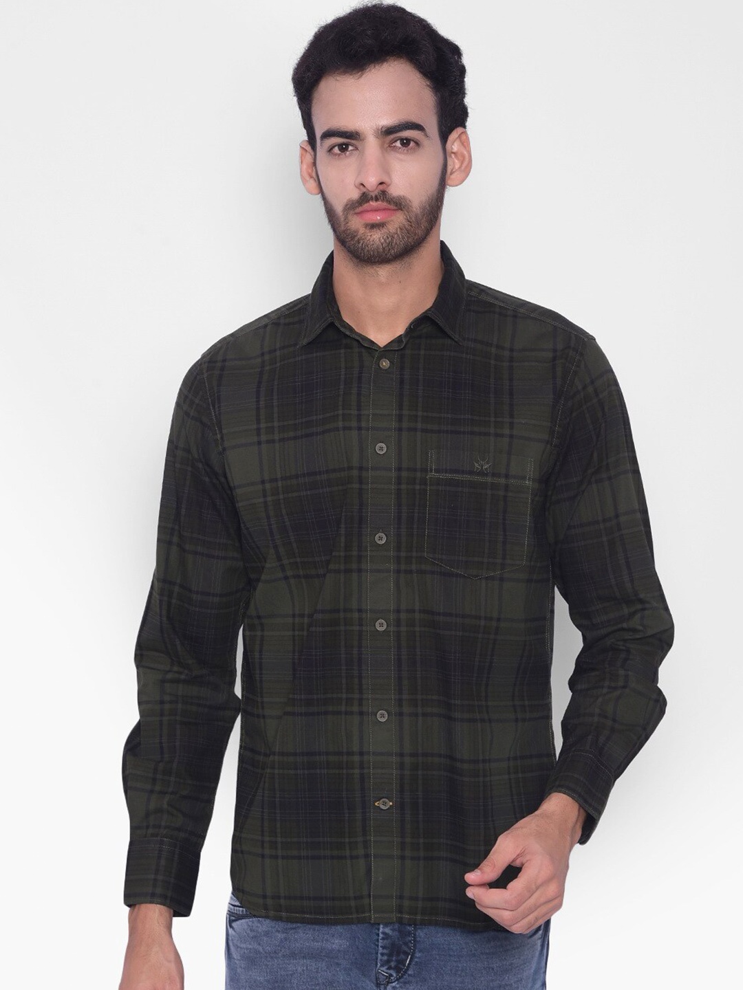 

Crimsoune Club Spread Collar Slim Fit Checked Casual Pure Cotton Shirt, Olive
